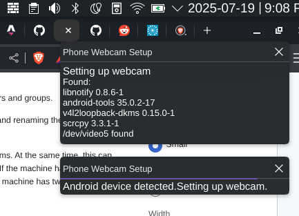 webcam setup success notification